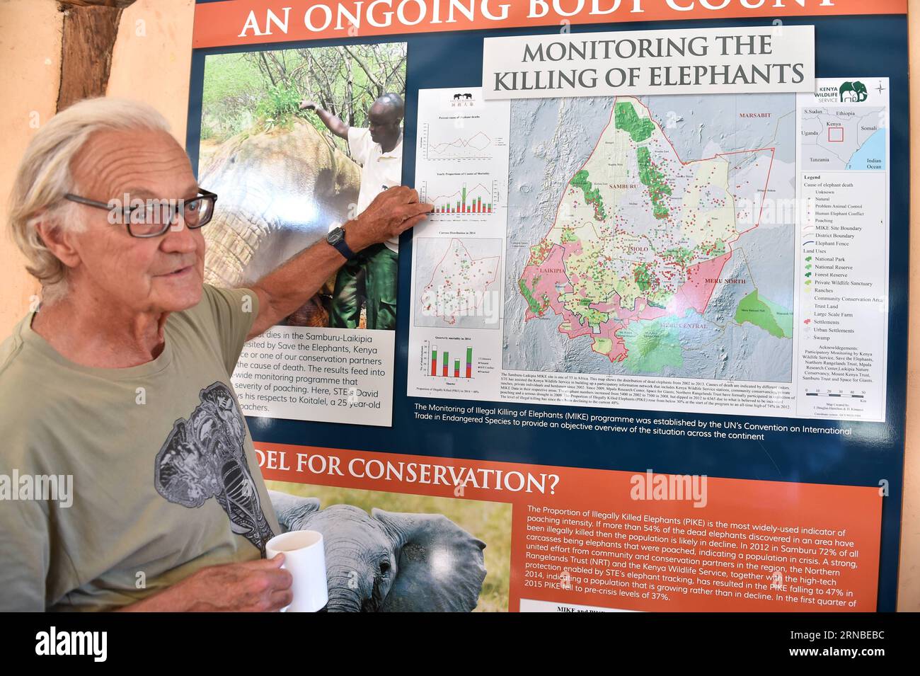 (160303) -- SAMBURU, March 3, 2016 -- Iain Douglas-Hamilton, founder of Save the Elephants, introduces the monitoring operation of the killing of elephants at the Samburu region, at STE camp in Samburu National Reserve, Kenya, March 1, 2016. In northern Kenya s Samburu region, there lives the second largest group of elephant species in this country. Around them, a number of elephant defenders have watched them day and night for the past 18 years. Founded in 1993, the organization Save The Elephants (STE) has been devoting its attention to secure the future of elephants and battle the ivory poa Stock Photo