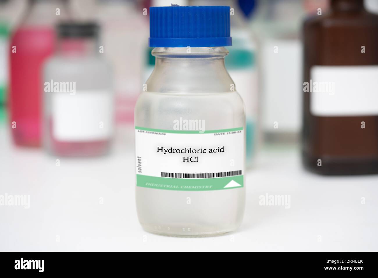 Hydrochloric acid A highly corrosive liquid used as a solvent and in the production of various chemicals, such as fertilizers and dyes. Stock Photo