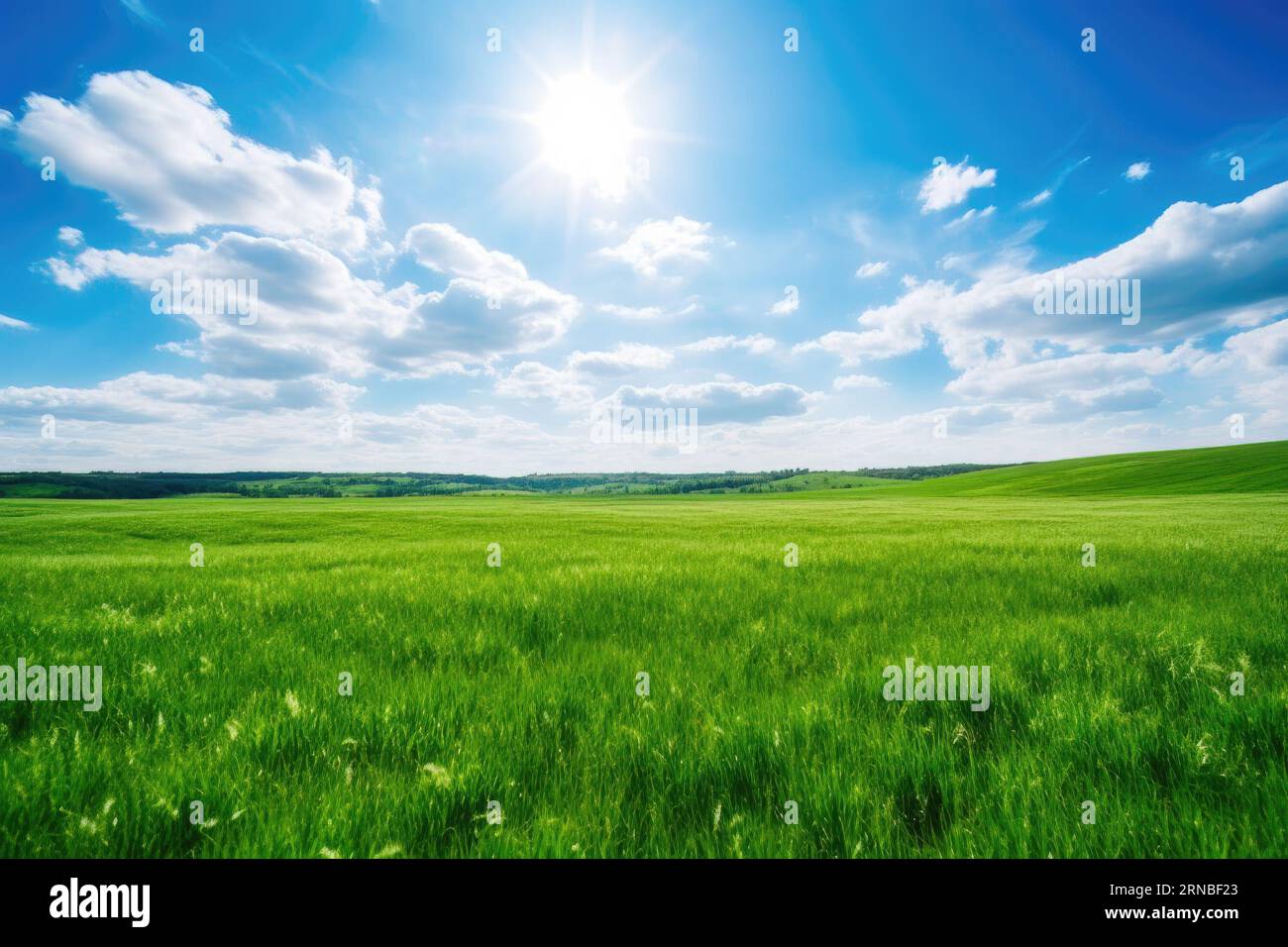 Green grass field and blue sky nature background Stock Photo