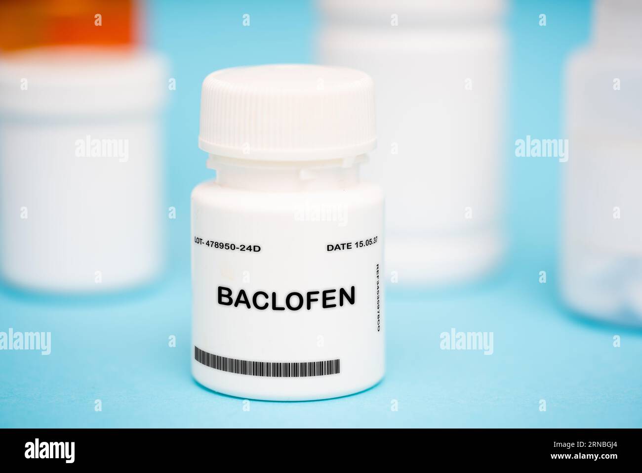 Baclofen is a medication that is used to treat muscle spasms and stiffness. It acts on the central nervous system by blocking nerve impulses that caus Stock Photo