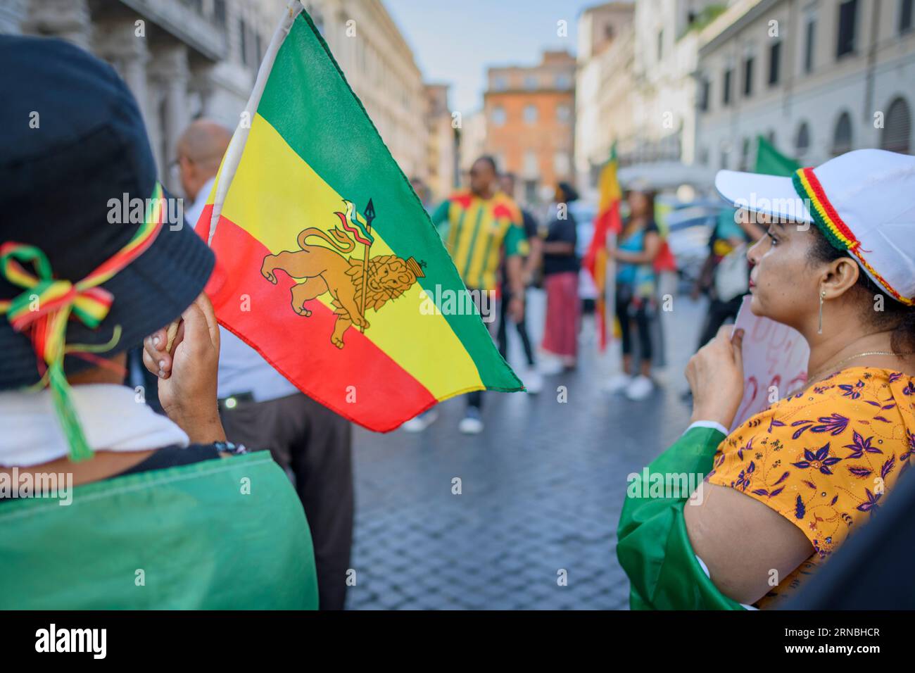 Rome, Italy. 31st Aug, 2023. August 31, 2023, Rome, Italy: An Ethiopian flag with the Ethiopian imperial-era Lion of Judah, a central symbol in Rastafarian and Ethiopian culture, is waved during a protest demonstration against the persecution of the Amhara in Ethiopia held in Rome.According to the United Nations High Commissioner for Human Rights (OHCHR), at least 183 people have been killed in clashes in the Amhara region. After the proclamation of the state of emergency at least 1,000 people were arrested: many belonging to the Amhara ethnic group and suspected of supporting the Fano militi Stock Photo