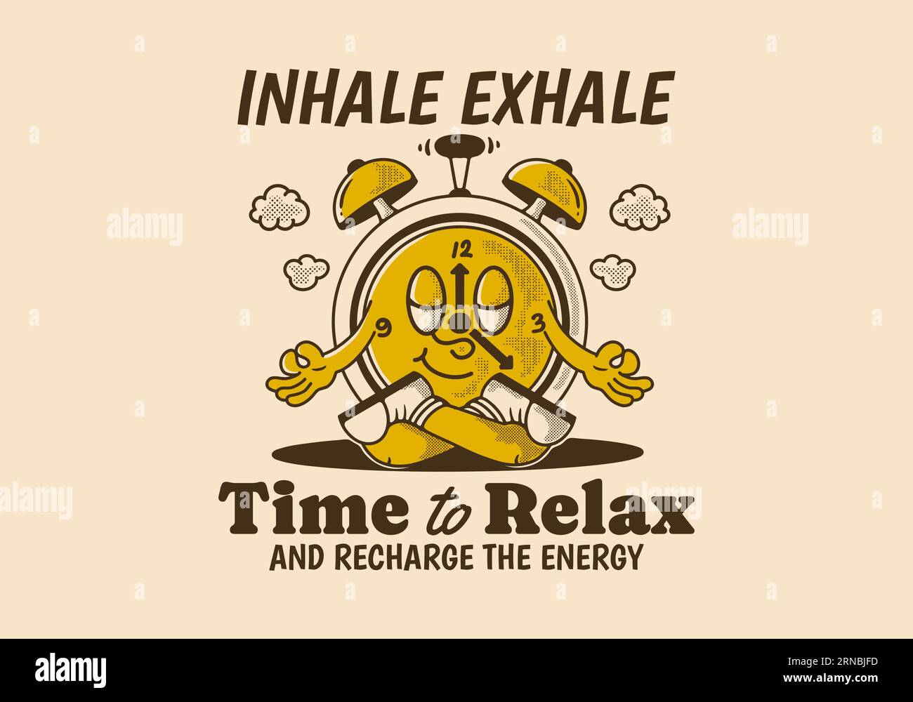 Time to relax and recharge energy, alarm clock mascot character in