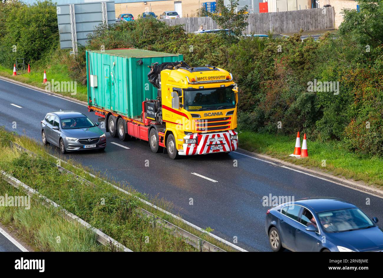 Matt Gregory container transport Scania lorry, A12 dual carriageway main road, Martlesham, Suffolk, England, UK Stock Photo