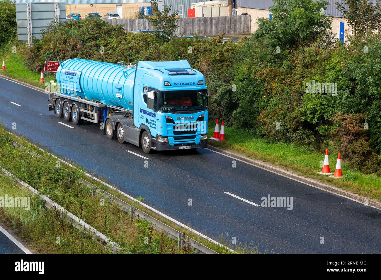 Wrights bulk carrier Scania lorry, A12 dual carriageway main road, Martlesham, Suffolk, England, UK Stock Photo