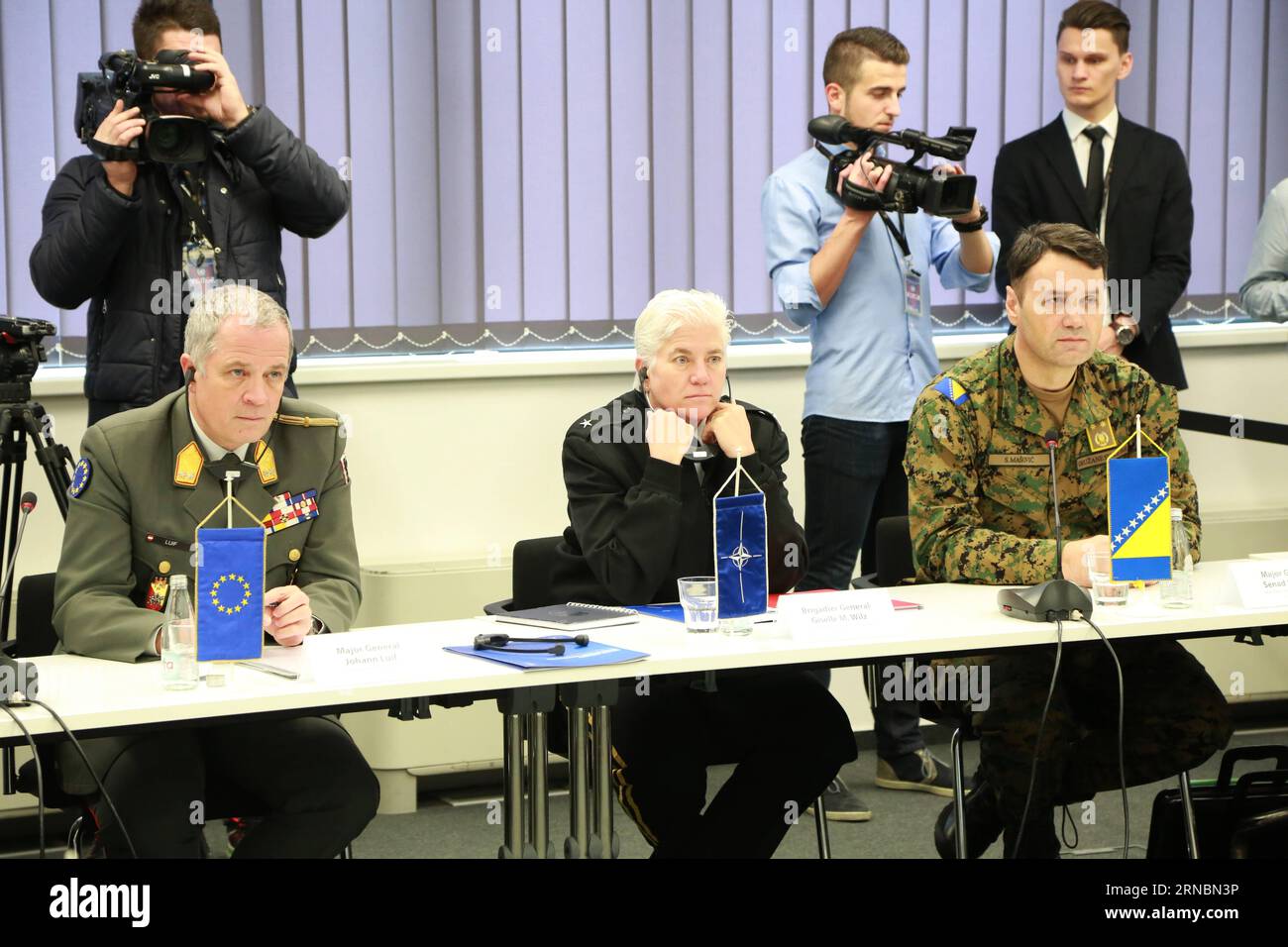 (160309) -- SARAJEVO, March 9, 2016 -- Commander of European Union Force (EUFOR) in Bosnia and Herzegovina (BiH) Major General Johann Luif (1st L, front), Commander of the North Atlantic Treaty Organization (NATO) Headquarters in Sarajevo Brigadier General Giselle M. Wilz (2nd L, front) attend a session of the Strategic Committee for Weapons, Ammunition and Explosive Ordnance in Sarajevo, BiH, on March 9, 2016. ) BOSNIA AND HERZEGOVINA-SARAJEVO-DESTRUCTION OF WEAPONS HarisxMemija PUBLICATIONxNOTxINxCHN   Sarajevo March 9 2016 Commander of European Union Force EUFOR in Bosnia and Herzegovina BI Stock Photo