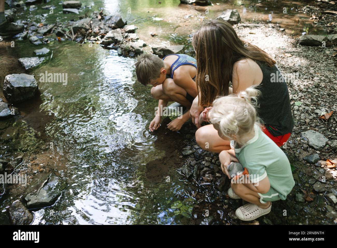 Kids exploring water on creek bank on summer day Stock Photo