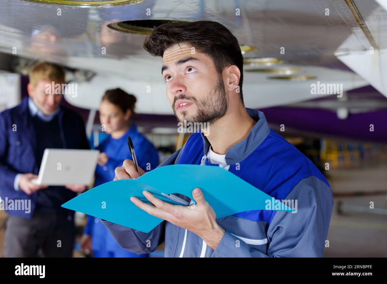 engine of the airplane under heavy maintenance Stock Photo