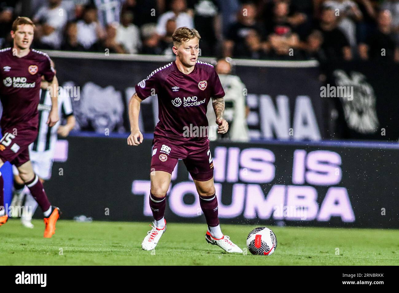 Thessaloniki, Greece. 31st Aug, 2023. Heart's Frankie Kent in action during a game between PAOK FC and Hearts FC. Playoff round match of the Conference League between PAOK FC and Heart of Midlothian. The game ended 4-0. (Credit Image: © Giannis Papanikos/ZUMA Press Wire) EDITORIAL USAGE ONLY! Not for Commercial USAGE! Stock Photo