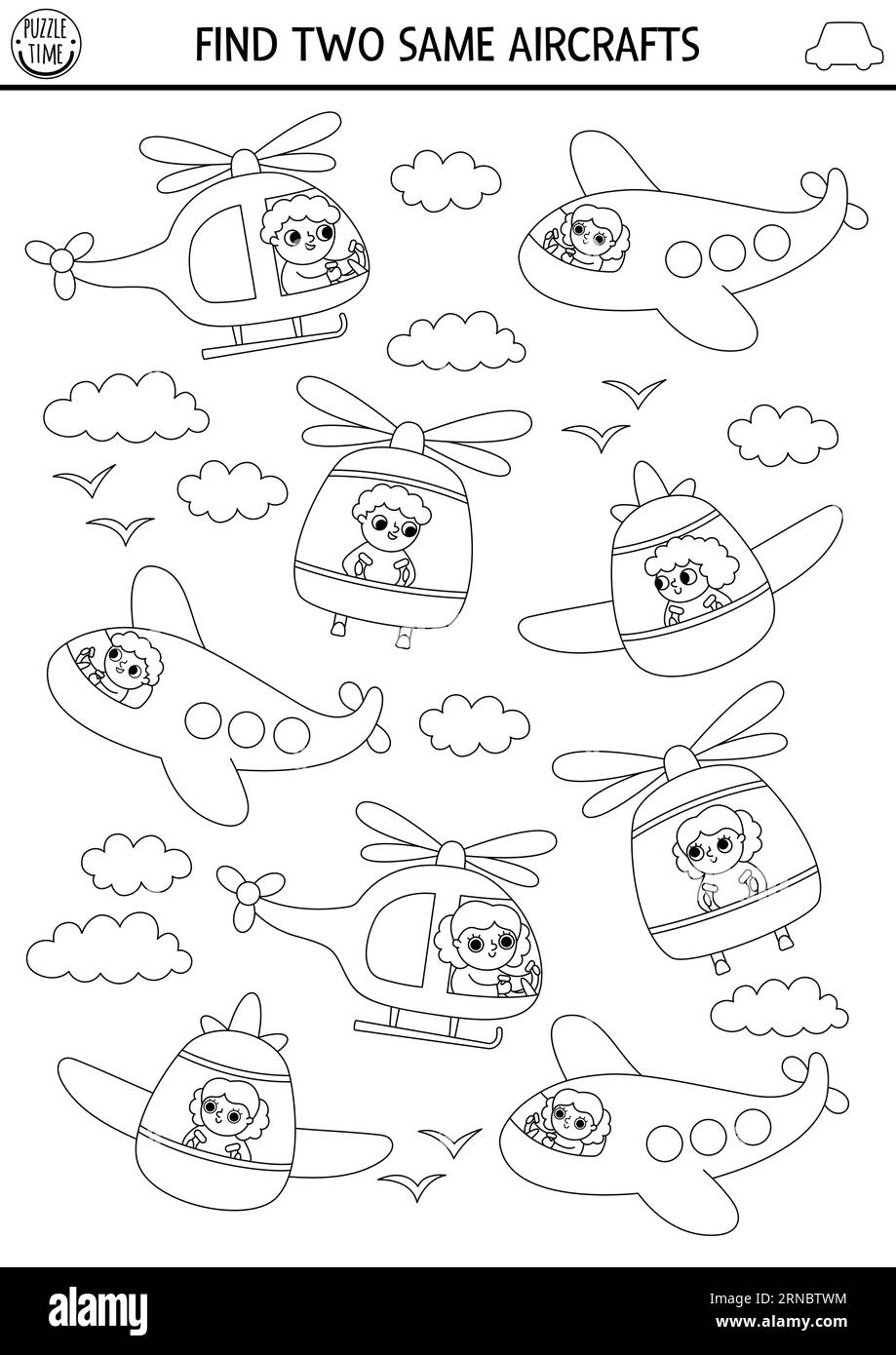 Find two same aircrafts. Transportation black and white matching