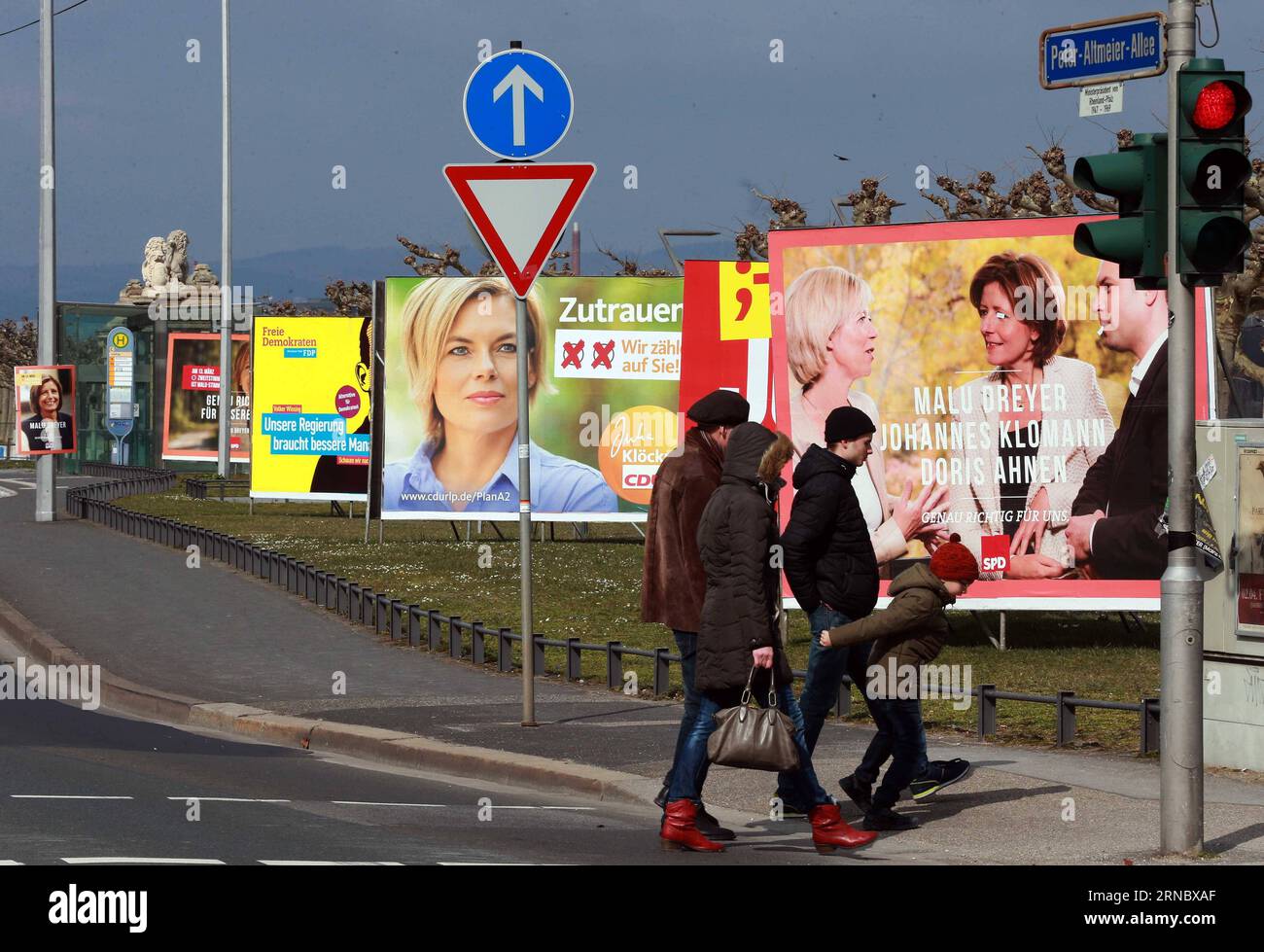 (160313) -- MAINZ, March 13, 2016 -- Election campaign billboards are seen in Mainz, Germany, March 13, 2016. State elections in three German states including Rhineland-Palatinate, Saxony-Anhalt and Baden-Wuerttemberg were held on Sunday. It is a crucial test-case for German Chancellor and Chairwoman of the German Christian Democrats (CDU) Angela Merkel, who has come under increasing pressure over her immigration policy towards migrants and refugees. Germany s anti-migration party, the Alternative for Germany has solid polling numbers and will almost certainly win seats in all three state parl Stock Photo