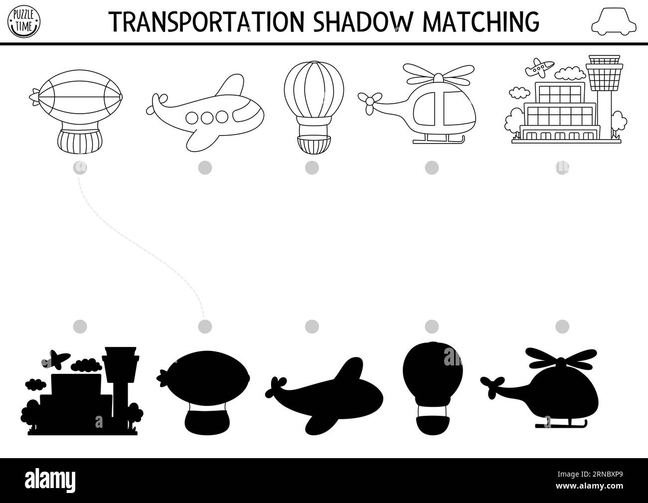 Transportation black and white shadow matching activity. Air transport