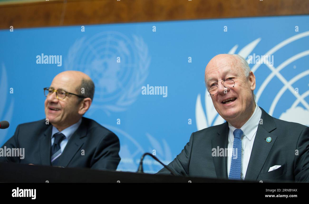 (160314) -- GENEVA, March 14, 2016 -- U.N. envoy Staffan de Mistura (R) speaks during a press conference in Geneva, Switzerland, March 14, 2016. The resumption of intra-Syria talks in Geneva fell on Monday, the day before the 5th anniversary of the start of the Syrian civil war. Due to mediation efforts led by the United Nations, representatives of the Syrian government and opposition came to Geneva late January for indirect talks, with Mistura shuttling between both sides. The talks ended on Feb. 3 with no tangible results. ) (djj) SWITZERLAND-GENEVA-SYRIA-PEACE TALKS XuxJinquan PUBLICATIONxN Stock Photo