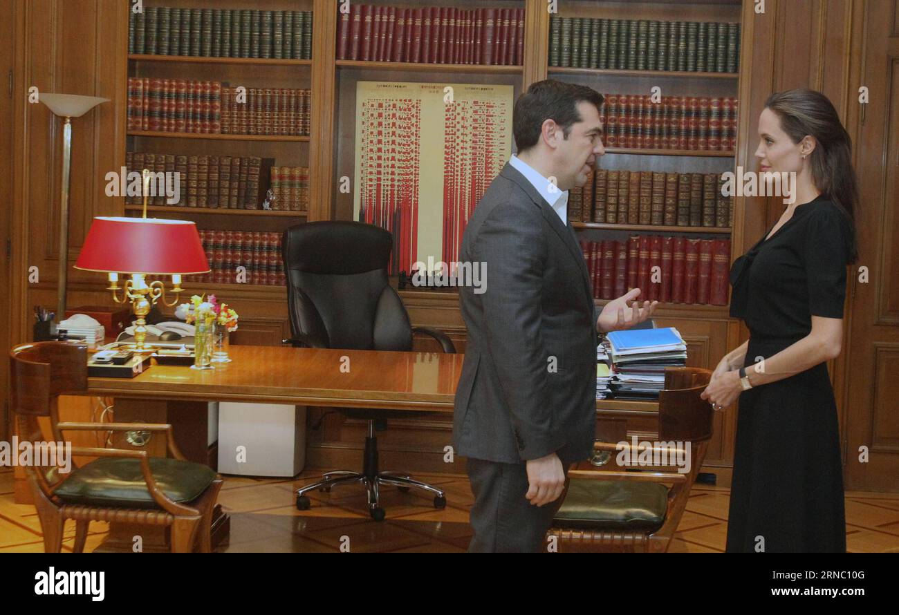 (160316) -- ATHENS, March 16, 2016 -- Greek Prime Minister Alexis Tsipras(L) meets with US actress and special envoy of the United Nations High Commissioner for Refugees (UNHCR), Angelina Jolie in Athens, Greece, March 16, 2016. A day after visiting refugees in Lebanon s Bekaa Valley, U.N. special envoy Angelina Jolie travelled to Greece on Wednesday to highlight the plight of war-fleeing families stuck in the country. ) GREECE-ATHENS-POLITICS-JOLIE MariosxLolos PUBLICATIONxNOTxINxCHN   Athens March 16 2016 Greek Prime Ministers Alexis Tsipras l Meets With U.S. actress and Special Envoy of The Stock Photo