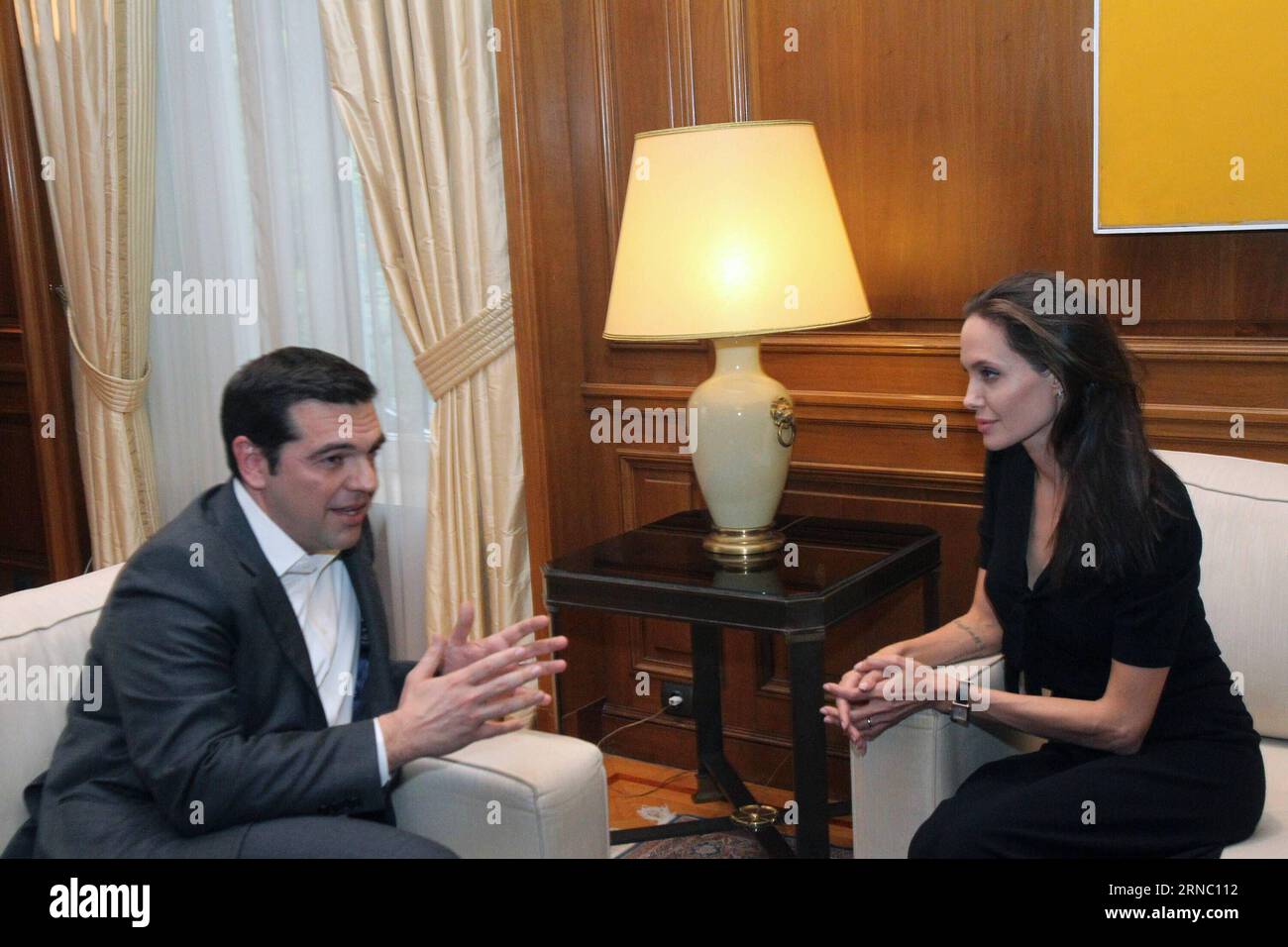 (160316) -- ATHENS, March 16, 2016 -- Greek Prime Minister Alexis Tsipras(L) meets with US actress and special envoy of the United Nations High Commissioner for Refugees (UNHCR), Angelina Jolie in Athens, Greece, March 16, 2016. A day after visiting refugees in Lebanon s Bekaa Valley, U.N. special envoy Angelina Jolie travelled to Greece on Wednesday to highlight the plight of war-fleeing families stuck in the country. ) GREECE-ATHENS-POLITICS-JOLIE MariosxLolos PUBLICATIONxNOTxINxCHN Stock Photo