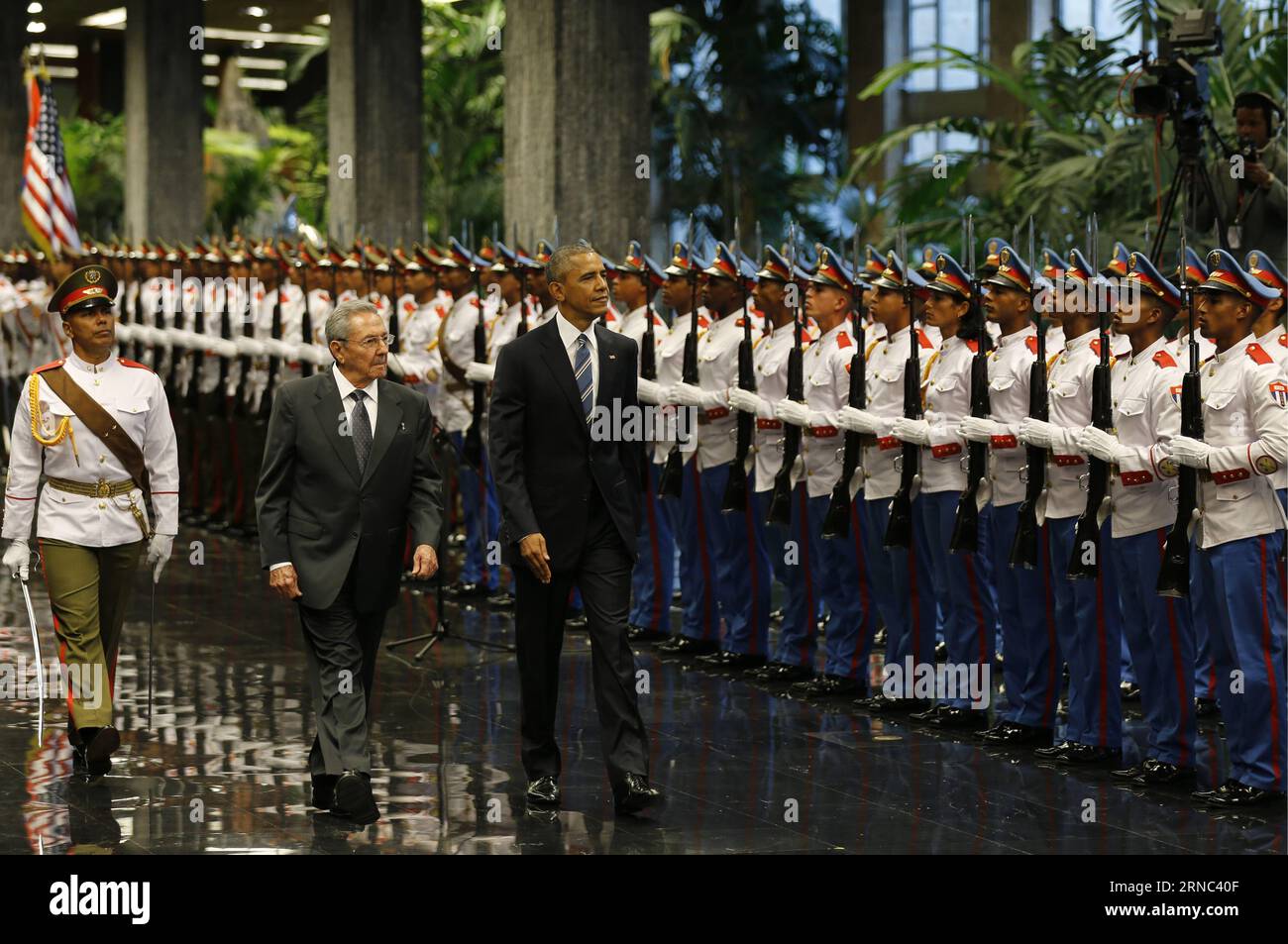Image provided by shows Cuba s President Raul Castro (C, front) and U.S. President Barack Obama (R, front), inspecting the guard of honour at the Palace of the Revolution, in Havana, capital of Cuba on March 21, 2016. Barack Obama on Monday paid tribute to Cuban national hero Jose Marti in Havana, starting the official program of his historic visit to Cuba to strengthen the approach between the two countries. ) (jp) (ah) MANDATORY CREDIT NOT FOR ARCHIVE-NOT FOR SALES EDITORIAL USE ONLY CUBA-HAVANA-U.S.-PRESIDENT-MEETING CUBADEBATE PUBLICATIONxNOTxINxCHN   Image provided by Shows Cuba S Preside Stock Photo