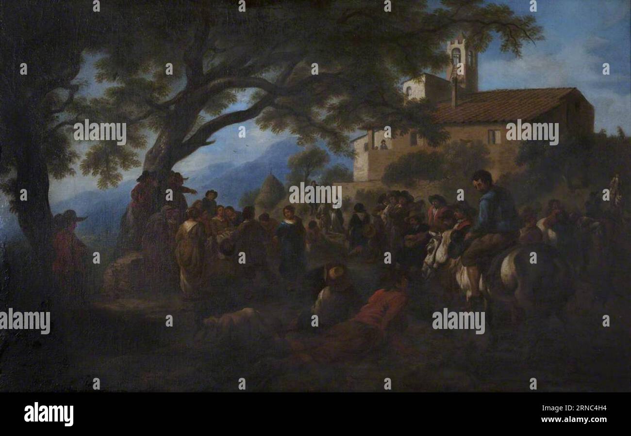 Villagers gathered under a Tree in front of a Small Monastery between 1640 and 1696 by Pandolfo Reschi Stock Photo