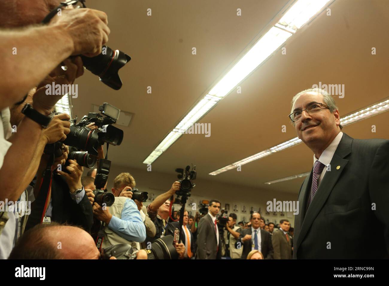 (160329) -- BRASILIA, March 29, 2016 -- President of Chamber of Deputies of Brazil Eduardo Cunha (R) react during a meeting of national directorate of Brazilian Democratic Movement Party (PMBD) in Brasilia, capital of Brazil, on March 29, 2016. The PMDB, led by Vice President Michel Temer, announced Tuesday its decision to leave President Dilma Rousseff s government, depriving her of major coalition ally, Brazilian press reported. AGENCIA ESTADO) (jp) (sp) BRAZIL OUT BRAZIL-BRASILIA-POLITICS-PMDB e AE PUBLICATIONxNOTxINxCHN   Brasilia March 29 2016 President of Chamber of Deputies of Brazil Ed Stock Photo