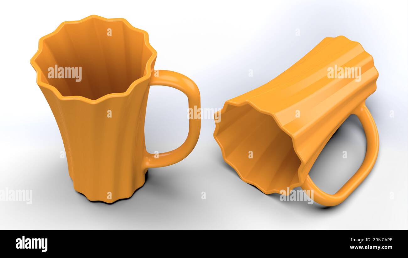 Long Yellow Mug. Twisted body design. Drinking Mug 3d render. Isolated on white background Stock Photo