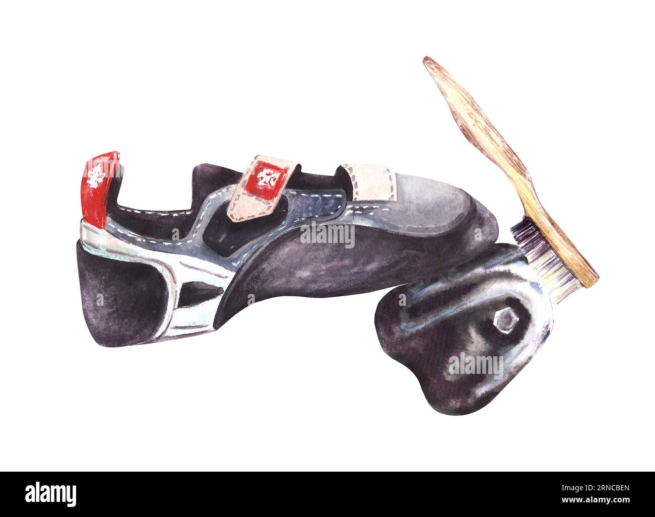 Climbing and bouldering equipment. Shoes, chalk brush, rock holder