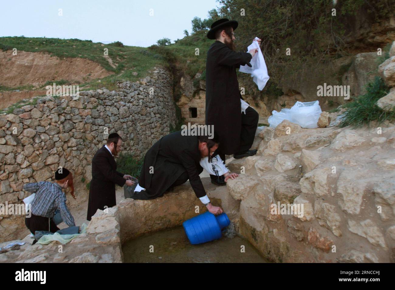 (160404) -- JERUSALEM, April 4, 2016 -- Ultra-Orthodox Jews collect water from a mountain spring near Jerusalem to be used in baking unleavened bread, known as matzoth, during the Maim Shelanu (Rested Water) ceremony on April 4, 2016. Religious Jews throughout the world eat matzoth during the eight-day Pesach holiday (Passover), which begins on April 22, with the sunset to commemorate the Israelis exodus from Egypt some 3,500 years ago and commemorate their ancestors plight by refraining from eating leavened food products. ) MIDEAST-JERUSALEM-PASSOVER PREPARATION GilxCohenxMagen PUBLICATIONxNO Stock Photo
