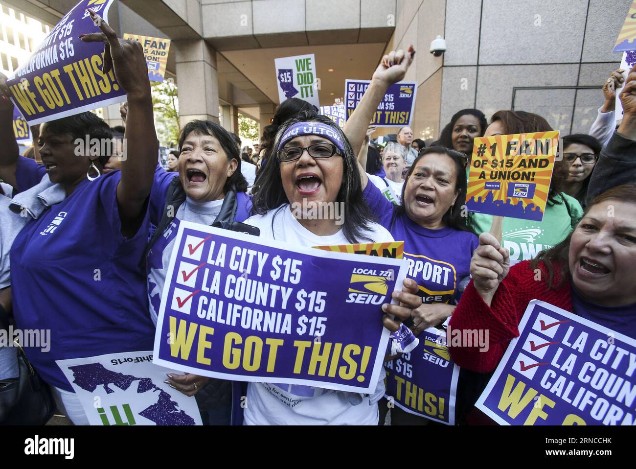 (160404) -- LOS ANGELES, April 4, 2016 -- Supporters celebrate after California Governor Jerry Brown signed landmark legislation SB 3 into law in Los Angeles, California, the United States, on April 4, 2016. Lawmakers in California on Thursday approved of raising minimum wage to 15 dollars an hour by 2022, making the state the first to mandate such a pay hike. ) U.S.-CALIFORNIA-LOS ANGELES-MINIMUM WAGE-LEGISLATION ZhaoxHanrong PUBLICATIONxNOTxINxCHN   Los Angeles April 4 2016 Supporters Celebrate After California Governor Jerry Brown signed Landmark Legislation SB 3 into Law in Los Angeles Cal Stock Photo