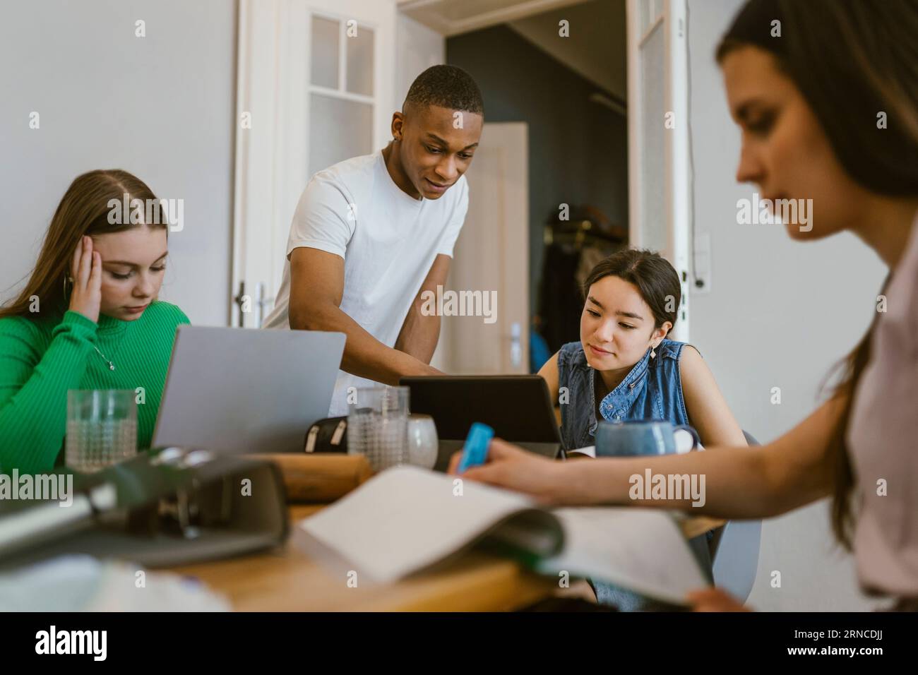 Young man studying with female friends at home Stock Photo