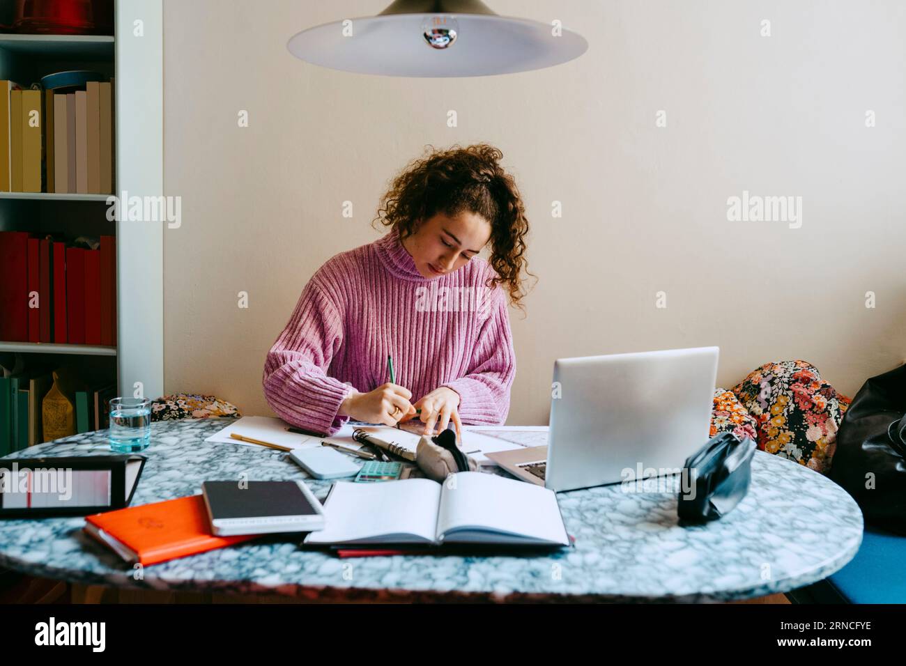 Young woman doing homework at table Stock Photo