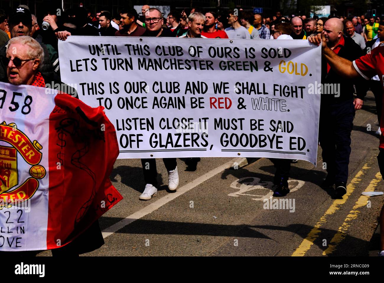 Old Trafford Football Stadium, Manchester, UK. 16th April 2022. Thousands of Manchester United protest demanding the Glazer family sell the club Stock Photo