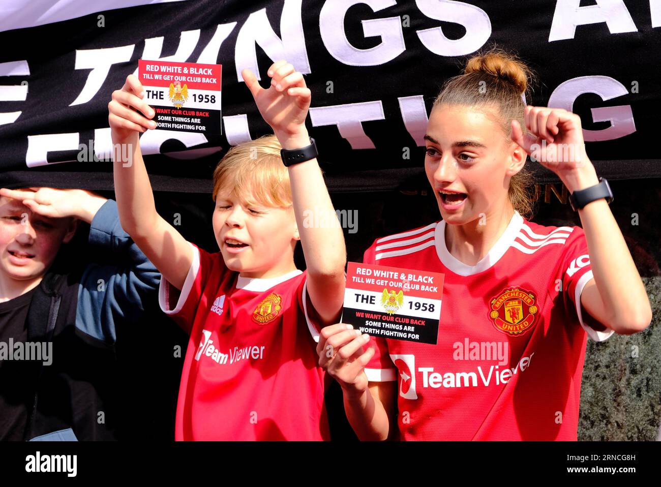 Old Trafford Football Stadium, Manchester, UK. 16th April 2022. Thousands of Manchester United protest demanding the Glazer family sell the club Stock Photo