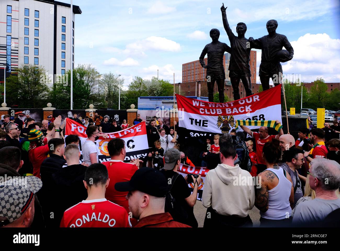 Old Trafford Football Stadium, Manchester, UK. 16th April 2022. Thousands of Manchester United protest demanding the Glazer family sell the club Stock Photo