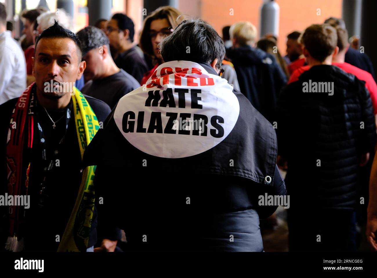 Old Trafford Football Stadium, Manchester, UK. 16th April 2022. Thousands of Manchester United protest demanding the Glazer family sell the club Stock Photo