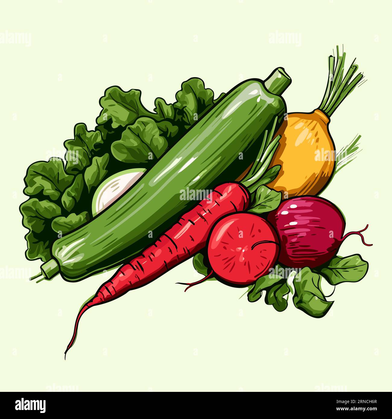 A Group Of Vegetables With The Leaves Separated On A Natural Background, In The Style Of Raw Brushstrokes, Light Red And Emerald, Detailed Character D Stock Vector
