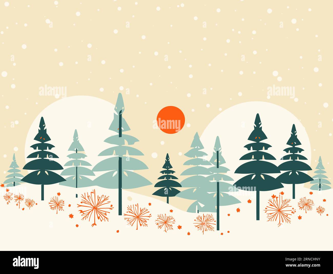 Christmas Trees In The Style Of Mid-Century Illustration, Sky-Blue And Amber, Flickr, Bold And Colorful Graphic Design, Disturbingly Whimsical, Decora Stock Vector