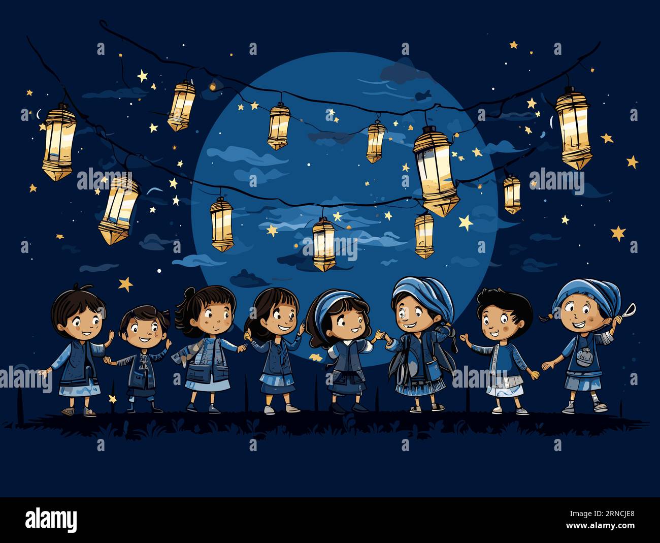 Islamic Children Gathering Under Lit Lanterns, Illustration Vector, In