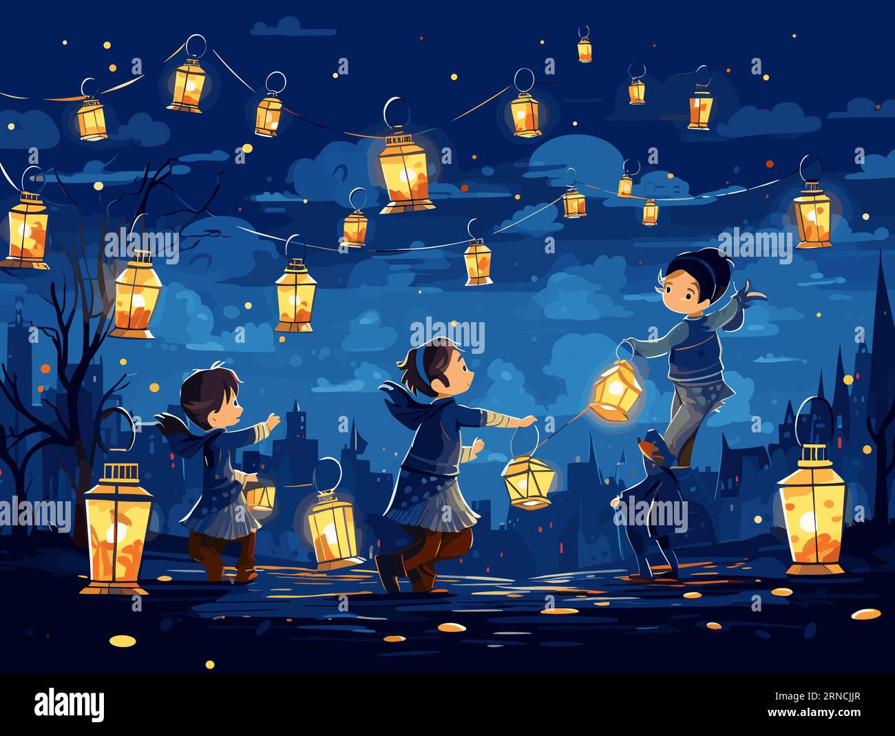Kids With Lanterns Under Moon Image, In The Style Of Light Navy, Lively Group Compositions, Traditional Costumes, Rinpa School, Light Indigo And Dark Stock Vector