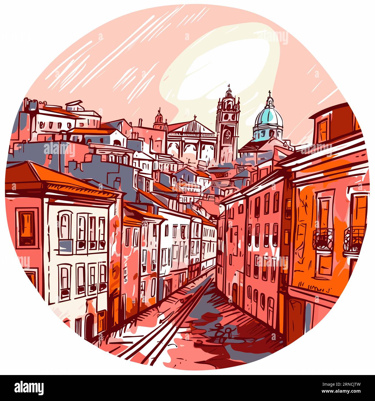 Street Sketch Of Old Building In Lisbon, In The Style Of Light Red And Amber, Psychedelic Illustration, Rounded Shapes, Terraced Cityscapes Stock Vector