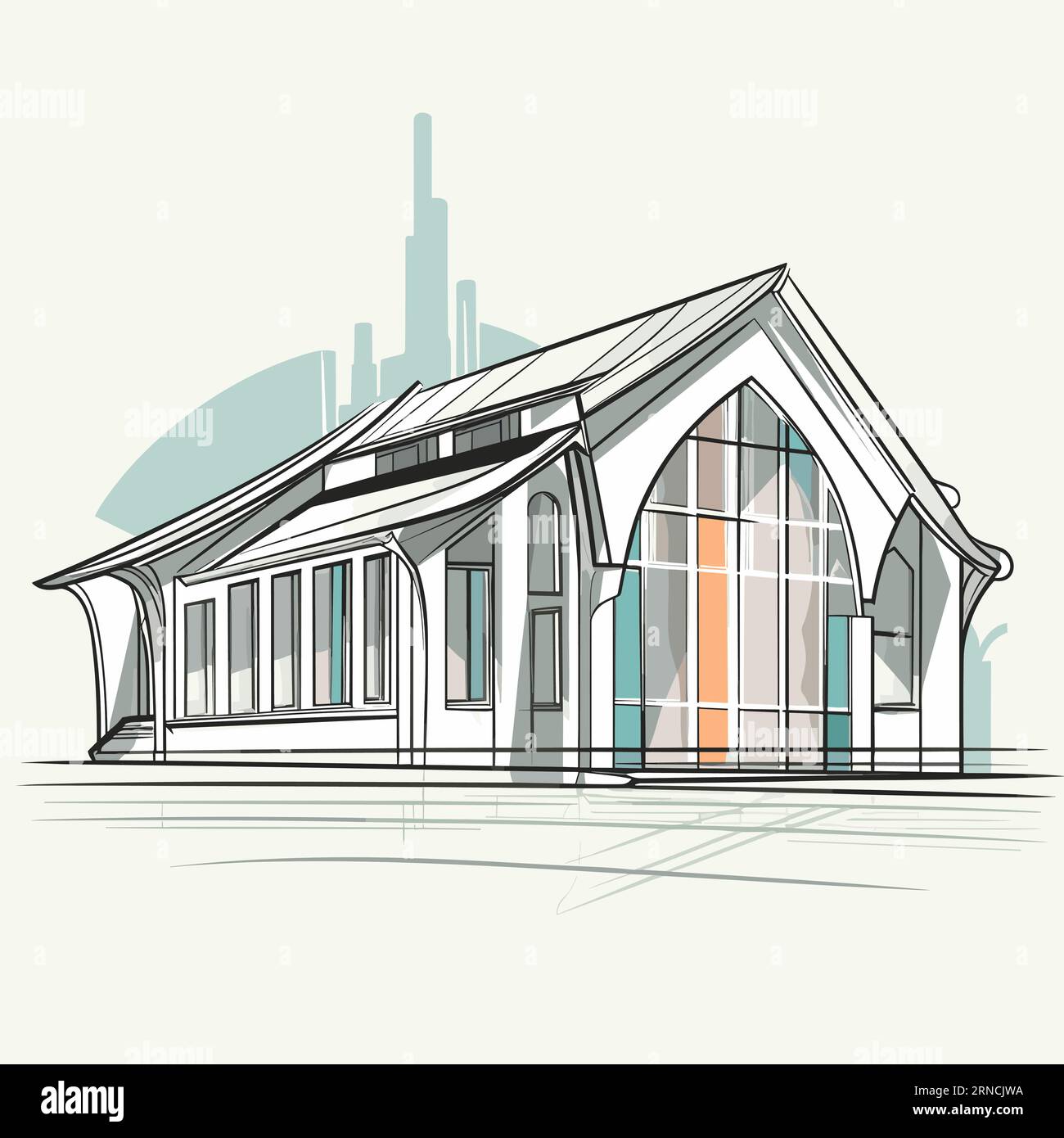 An Outline Drawing Of An Art House On Top Of A Lake, In The Style Of ...