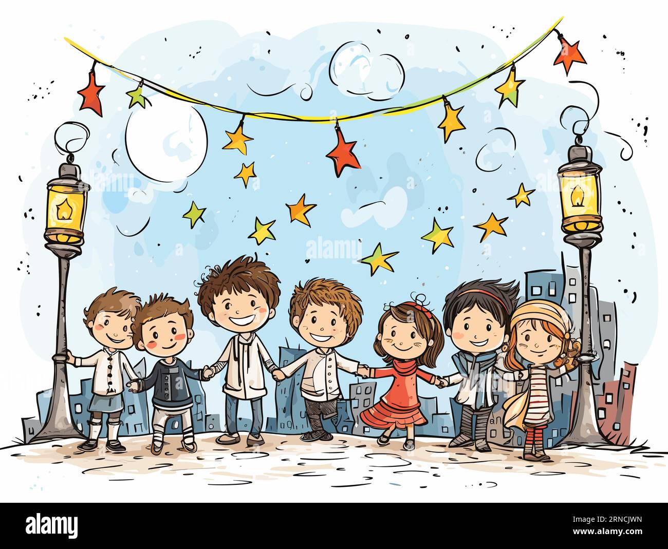 Cartoon Children In A City Dancing, Singing And Holding Ornaments, In The Style Of Atmospheric Skies, Verdadism, Neue Sachlichkeit, Childs Drawing Stock Vector