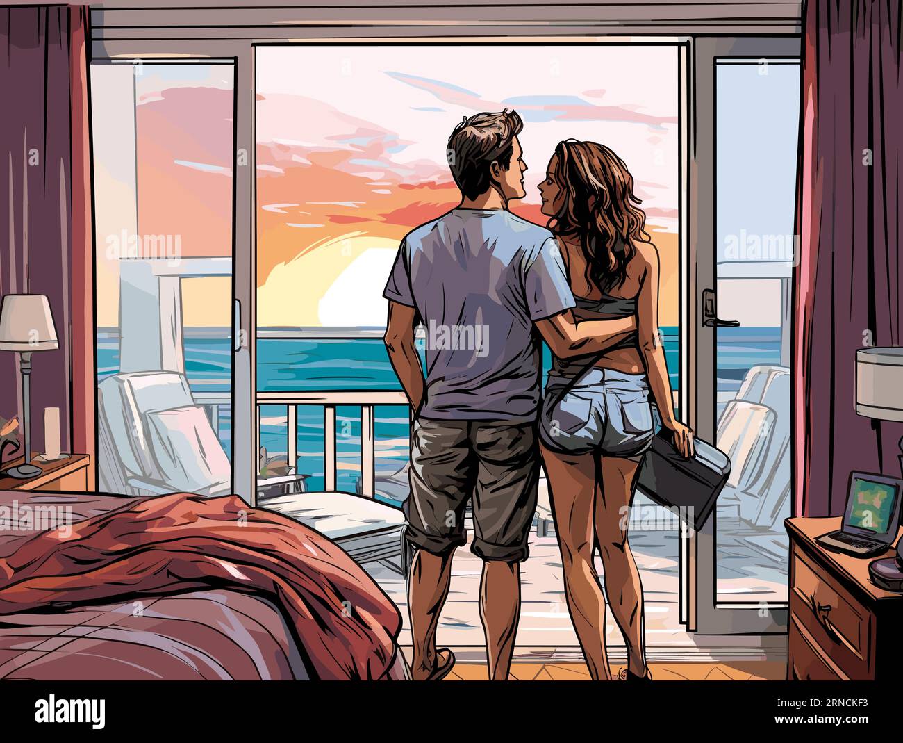 A Beautiful Couple In Front Of The Window, In The Style Of Detailed Comic Book Art, Realistic Scenery, Horizons, Comic Art Stock Vector