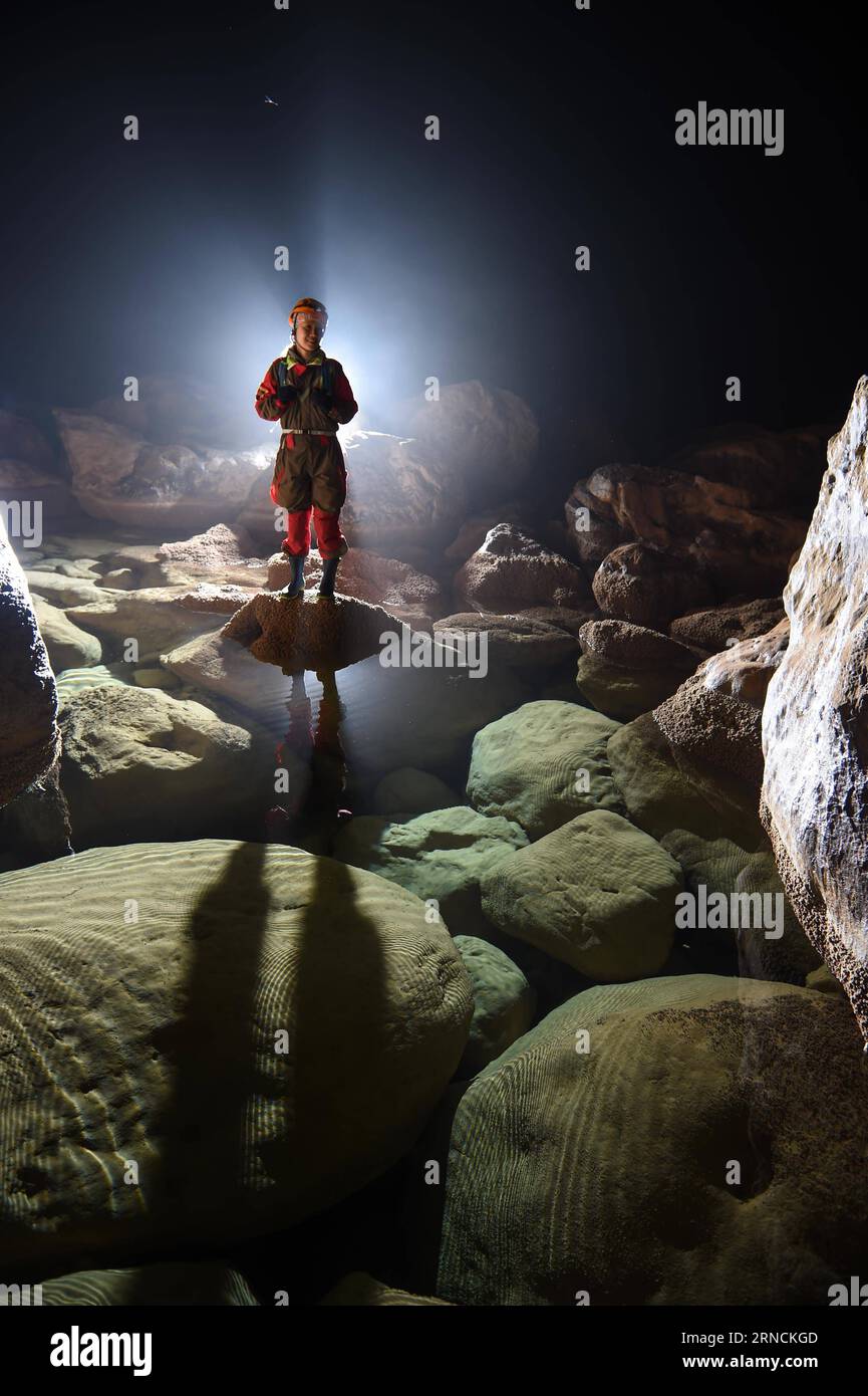 -  An expedition member works within the Miao Room Chamber, China s largest cave chamber by volume, in Ziyun County of southwest China s Guizhou Province, April 14, 2016. In 2014, National Geographic announced Miao Room Chamber, with a volume of some 19.78 million cubic meters, as the world s largest cave chamber. A joint caving expedition code-named Pearl by explorers and scientists from China and France kicked off here on April 11. During the 19-day exploration, they will conduct comprehensive investigation on famous caves in Guizhou including the Miao Room Chamber and Shuanghe Cave in Suiya Stock Photo