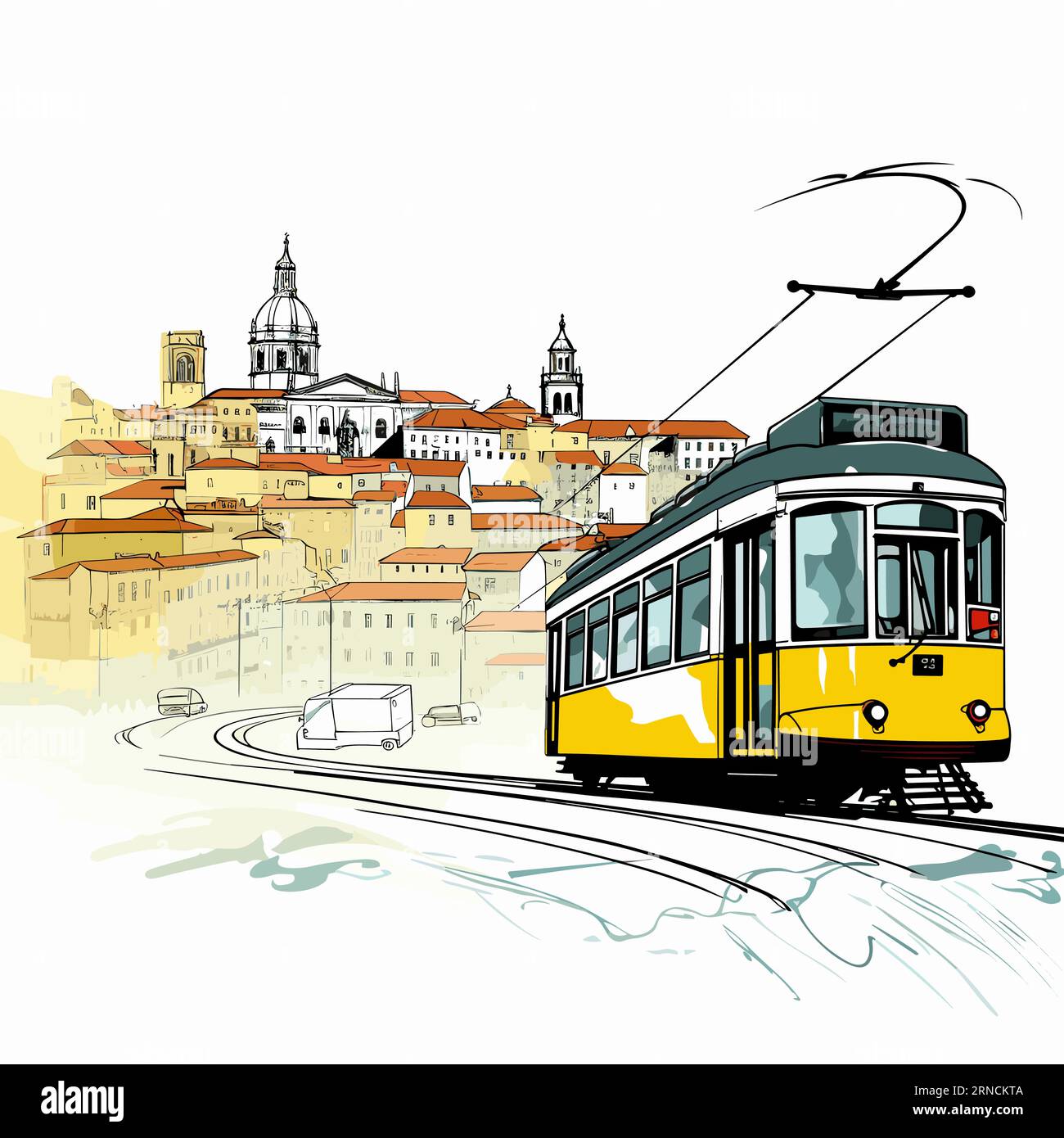 Portugal Illustration Trams And Trains, In The Style Of Elegant Cityscapes, Graphic Contours, Yellow And Bronze, Flowing Brushwork Stock Vector