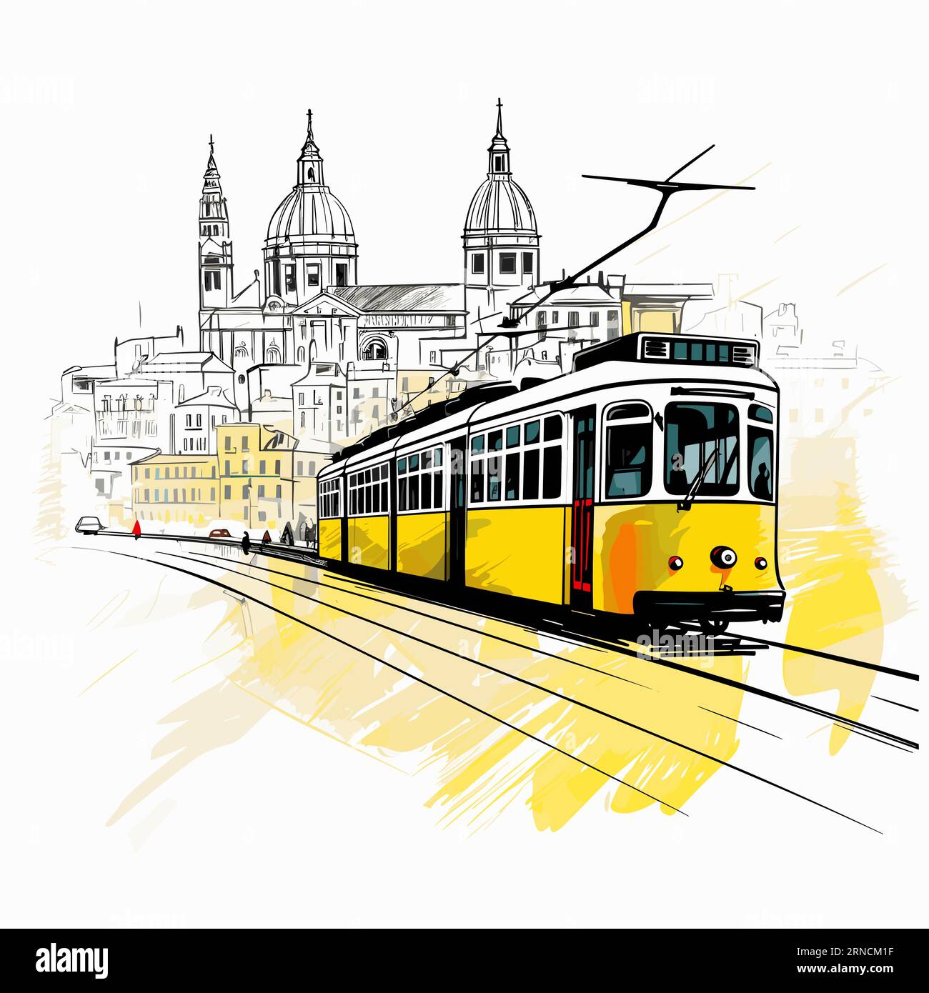 The Image Shows Tram Over Cities, In The Style Of Nostalgic Illustration, Baroque Brushwork, Yellow And Emerald, Simple Line Work, Serene Watercolors Stock Vector