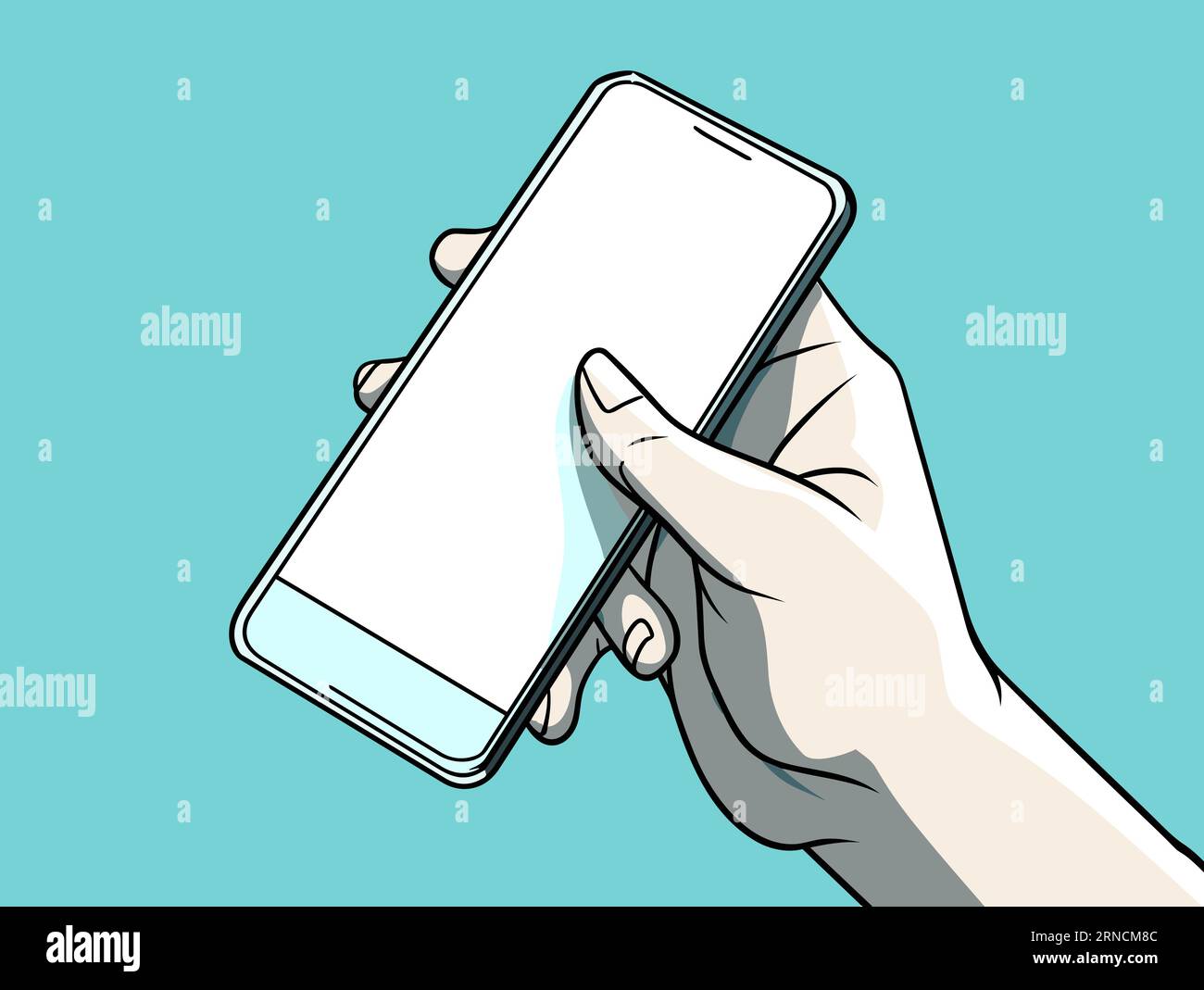 A Person Holding Up A Smartphone With A Blank Screen, In The Style Of Vintage Comic Style, Sky-Blue And Black, Smooth Surfaces, Fine Lines, Delicate C Stock Vector