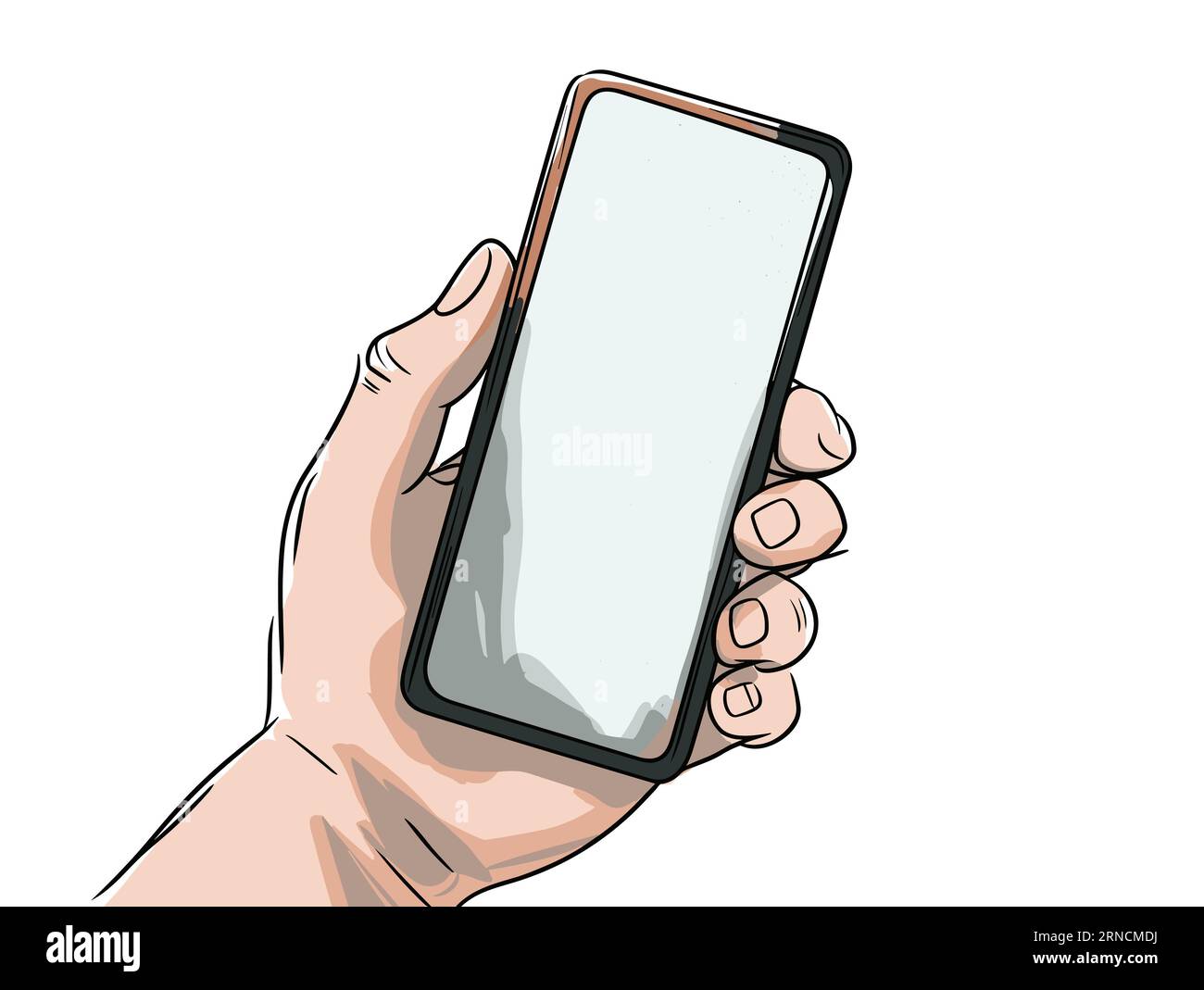 Hand Holding Phone And Blank White Screen Vectorbp, In The Style Of Characteristic Comic Book Art, Referential Painting, Detailed Shading Stock Vector