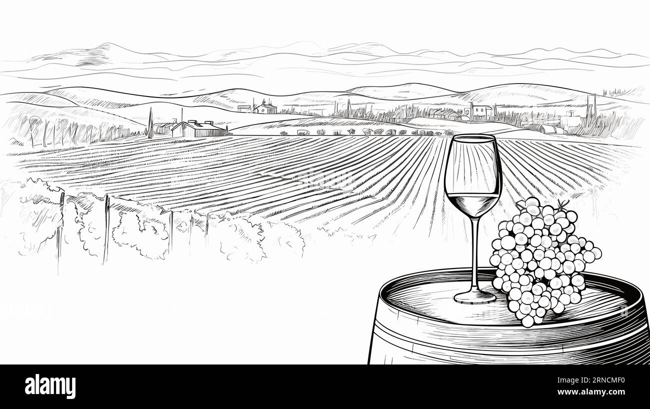 Vintage Italian Scenic Countryside Landscape With Wine And Grapes A Vintage Design, In The Style Of Strong Linear Elements, High-Contrast Shading Stock Vector