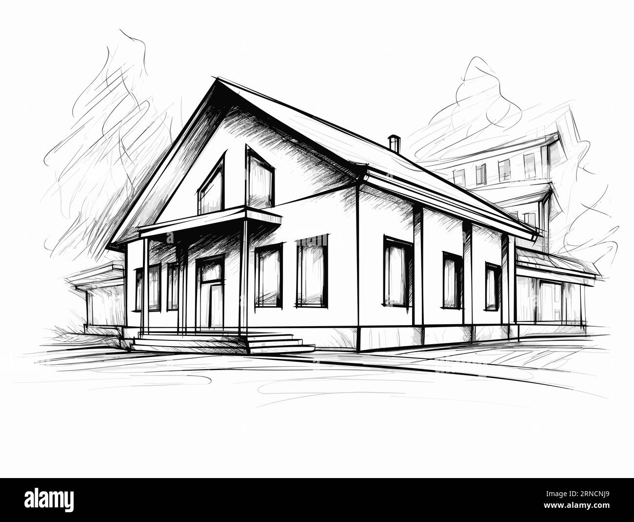 A Black And White Sketch Of A House With Steps In Front, In The Style Of Classic Japanese Simplicity, Energetic And Bold, Sketches, Clear Edge Definit Stock Vector