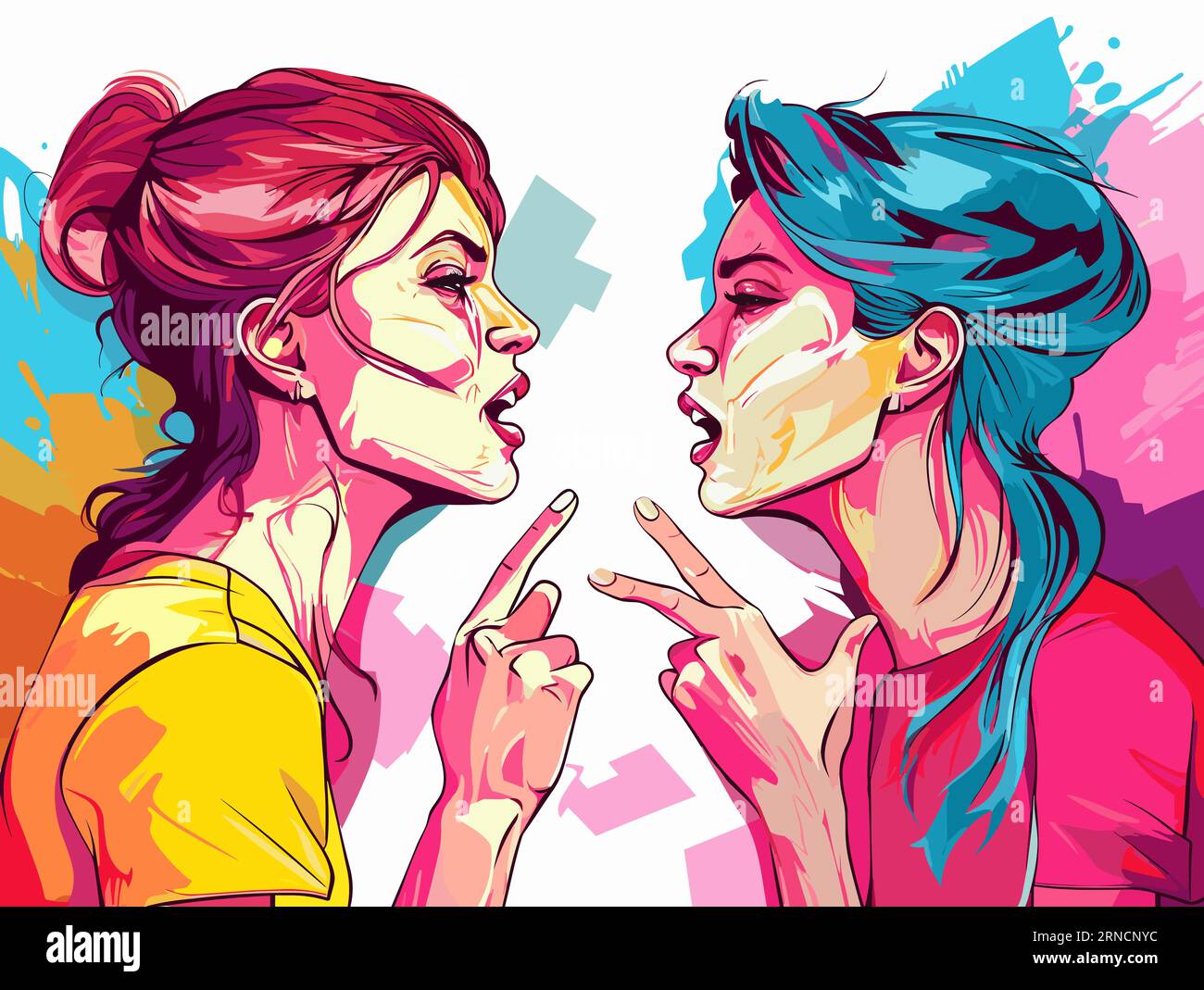Two Women Showing Off Colorful Art, In The Style Of Aggressive Digital Illustration, Emphasizes Emotion Over Realism, Graphical Punch, Light Cyan And Stock Vector