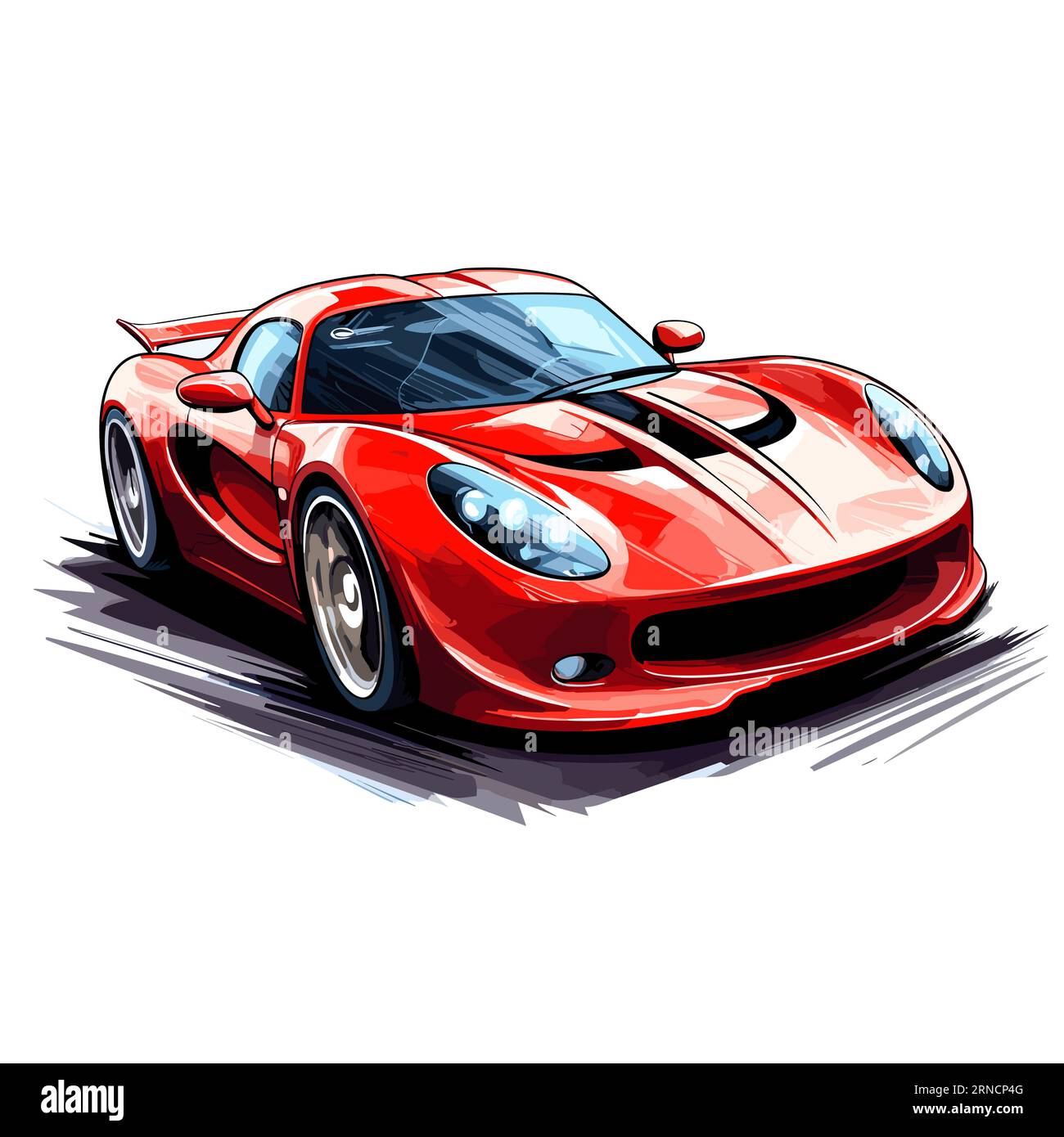 An Red Sports Car Driving Across The White Background, In The Style Of Colorful Drawings Stock