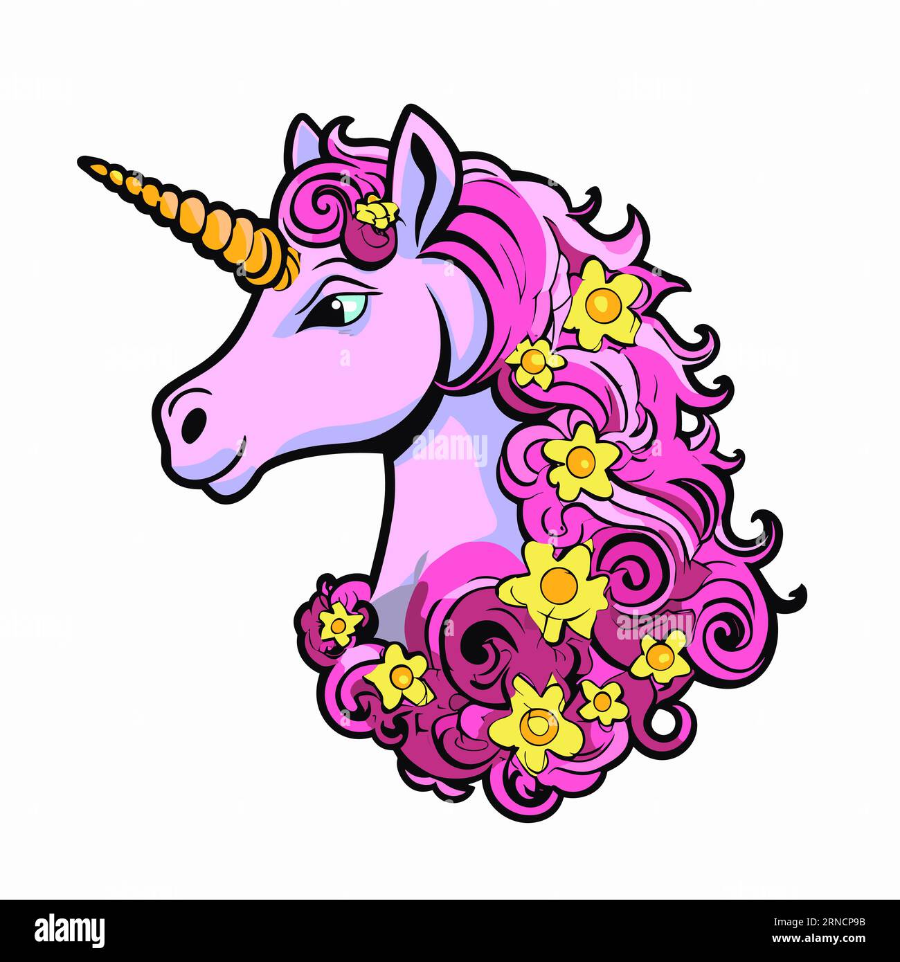 A Pink Unicorn With Flowers In Its Mane, In The Style Of Colored