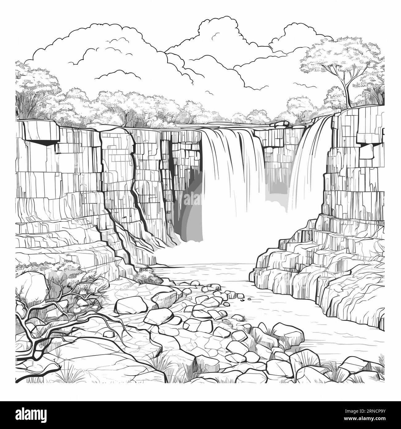 A Drawing Of The Falls In Tanzania, In The Style Of Fine And Detailed, Monochromatic Compositions, Detailed Comic Book Art, Detailed Skies, Storybook- Stock Vector